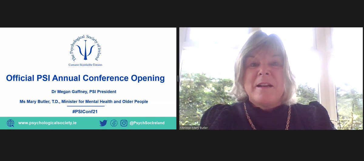 PSI President Dr Megan Gaffney has officially opened the Society’s 2021 Annual Conference alongside <a href="/MaryButlerTD/">Mary Butler TD</a>, T.D., Minister for Mental Health and Older People. Minister Butler acknowledges the important role that psychologists play in society! #psychology #PSIConf21