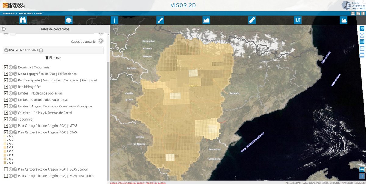 IGEAR_Aragon's tweet photo. 📢Ya es posible visualizar el seguimiento del Plan Cartográfico de Aragón (PCA), por años, para #MTA5, #BTA5 y #BCA5 (Edición y Restitución) en el #Visor2D de #IDEARAGON
También disponible la información mediante el icono ℹ️
(imagen 2)
#PlanCartográfico #Aragón #Cartografía https://t.co/NeGzMC12yK