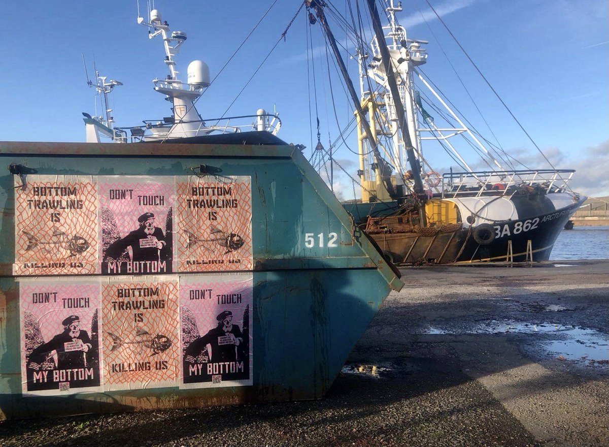 oceanrebellion's tweet photo. We’ve been out flyposting! We glued our protest posters against environmentally destructive bottom trawling on the actual trawlers themselves, as well as all over the port town of Kircudbright, Scotland…
#DontTouchMyBottom
#BottomTrawlingIsKillingUs
#NoMoreFishInTheSea
#COP26 https://t.co/3uIbby9clO