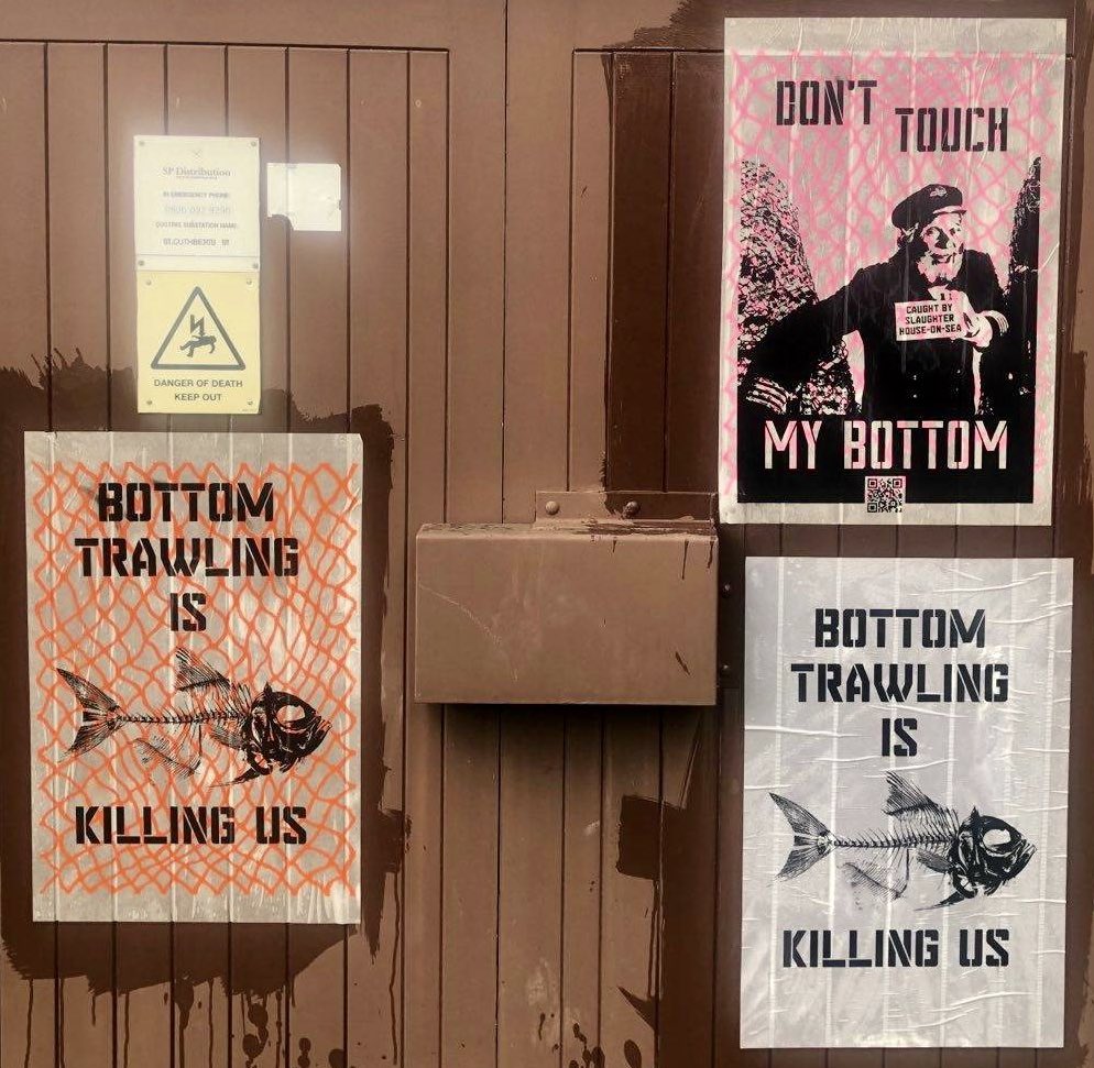 oceanrebellion's tweet photo. We’ve been out flyposting! We glued our protest posters against environmentally destructive bottom trawling on the actual trawlers themselves, as well as all over the port town of Kircudbright, Scotland…
#DontTouchMyBottom
#BottomTrawlingIsKillingUs
#NoMoreFishInTheSea
#COP26 https://t.co/3uIbby9clO