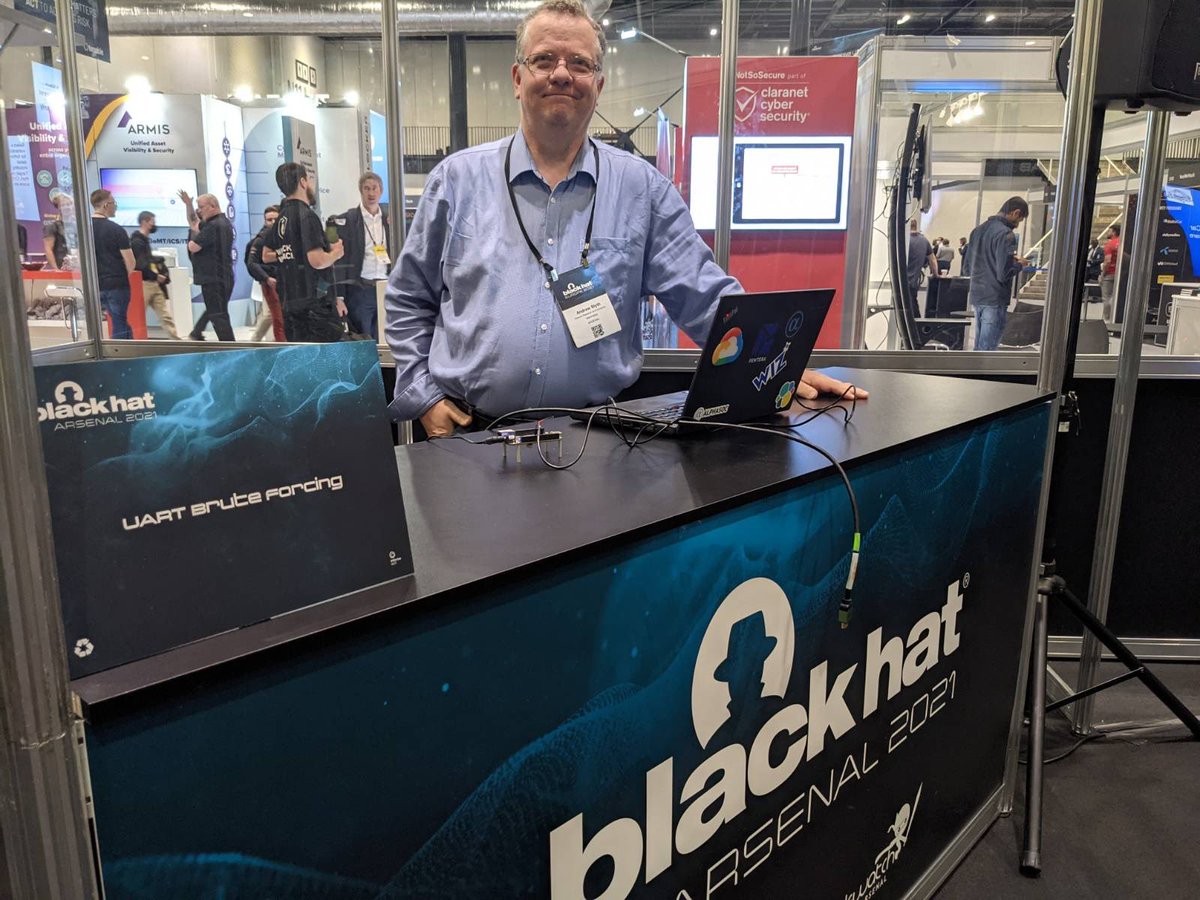 pauldomoney's tweet photo. So very excited to see my friend Dr Andrew Blyth presenting at this years #blackhateurope2021 for @MerimetsoCyber,  discussing uart brute forcing and hacking embedded hardware. Please say hi if you are in the area. #hardware #hacking #iot @zyx2k @DeathsPirate #BlackHatEurope https://t.co/QRoKZ50slg