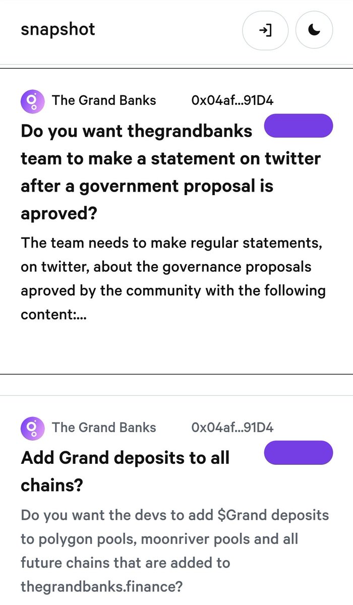 Fellow Grandians,

2 proposals have been approved by the community, and the team is going to focus on those subjects right away!🥳💪🏼

Please take note that it could take some time to implement the proposed features🙌🏻

Do you have a proposal?

snapshot.org/#/thegrandbank…

#GRAND #GOV