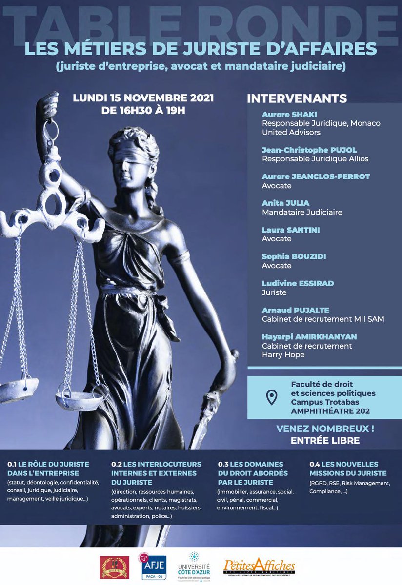 ANEJE06's tweet photo. Table Ronde "Les métiers de juristes d'affaires" 
Lundi 15 Novembre de 16h30 à 19h00 en Amphithéâtre 202 à la Faculté de Droit et Science Politique de Nice.
Venez nombreux ! ⚖️ https://t.co/QYPPgNXbAP
