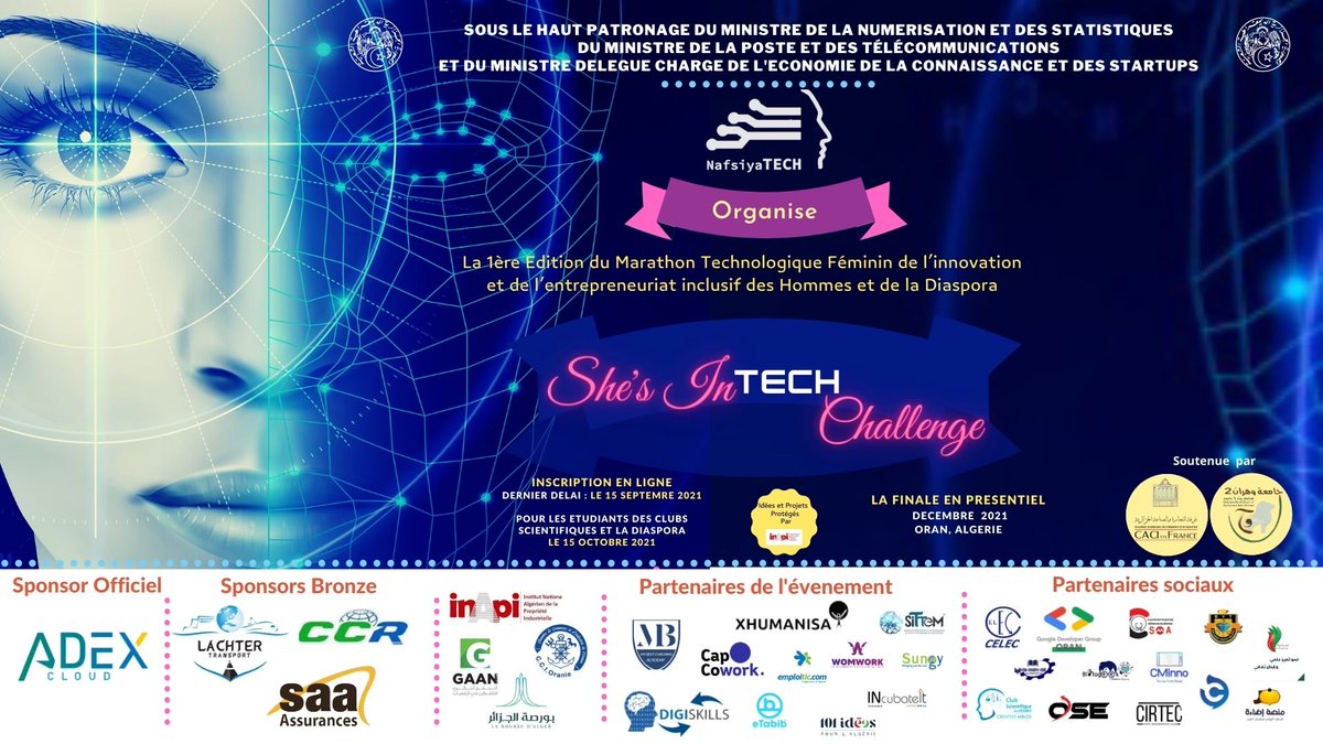 DrRahali_CybPsy's tweet photo. She's IN TECH Challenge, le 1er marathon tech féminin de l'Innovation &amp; de l'Entrepreneuriat organisé par @NafsiyaTECH Sous le Haut Patronage
✅Ministre de la Numérisation et des statistiques ✅Ministre de la Poste et des Télécommunications 
✅Ministre Délégué chargé des Startups https://t.co/arQZ5fNMfx