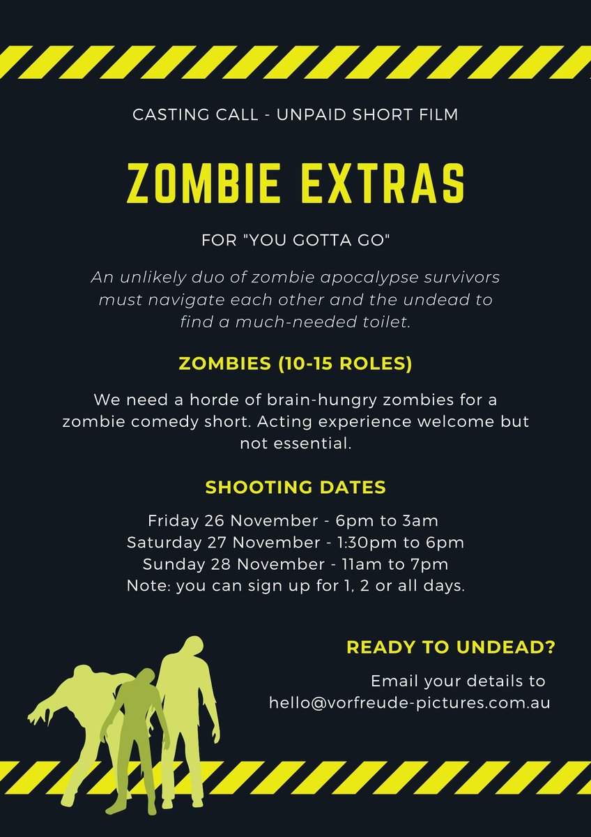 nowordfor's tweet photo. Ready to undead? I'm making a zombie flick and I need Canberra-based zombies! https://t.co/5aIRnLREzz