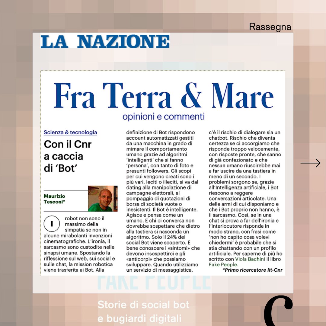 codice_edizioni's tweet photo. ✒️ @m_tesconi , autore di Fake People assieme a @VioBac, il 3 Novembre ha spiegato ai lettori de @qn_lanazione che cosa sono i BOT e come possiamo riconoscerli. 

Per saperne di più, guarda la gallery. E segui il link 👉🏻 https://t.co/himAj5qop4 https://t.co/Ywh0PU6RHZ
