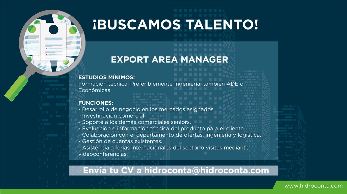 HidrocontaSA's tweet photo. 🎯¡En @HidrocontaSA estamos en búsqueda de talento!
¿Quieres formar parte de nuestro equipo?
👁🗨 Buscamos un #ExportAreaManager
👨🎓👩🎓Puedes hacernos llegar tu CV a hidroconta@hidroconta.com o en Linkedin.
https://t.co/OhX2Y9Smbv https://t.co/BYwPZJIFgN