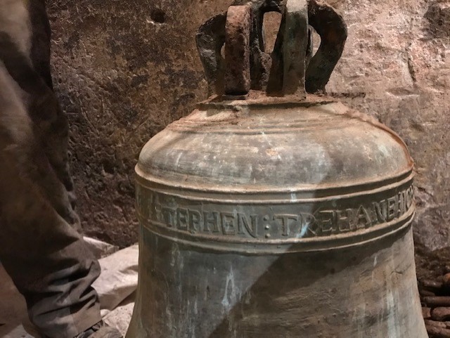 UnlockedSt's tweet photo. Up close and personal with the bells @UnlockedSt - it's not every day you can touch the 17th Century in this way!! no wonder @JudithAyers20 looks happy. https://t.co/Be01UXToAh