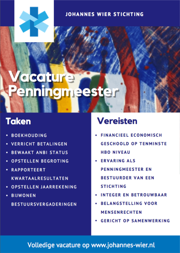 De <a href="/wierstichting/">Johannes Wier Stichting</a>  is op zoek naar een nieuwe #penningmeester!

Bekijk de volledige #vacature op onze website: johannes-wier.nl/2021/11/vacatu…
