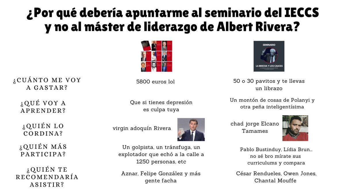 ieccs_'s tweet photo. ¿Por qué deberías apuntarte al seminario de IECCS y no al máster de liderazgo de Albert Rivera? Aquí os damos algunos motivos más que suficientes.

⏩ Haz tu inscripción en este enlace: https://t.co/xmczFbzYFm https://t.co/OfevKlLM4D
