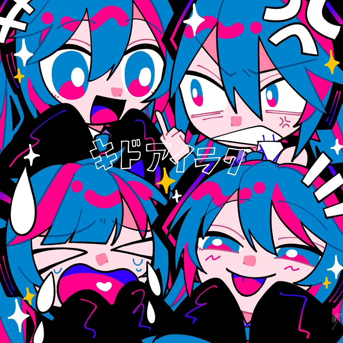 hatsune miku multiple girls open mouth clone long hair > < tongue multiple persona  illustration images