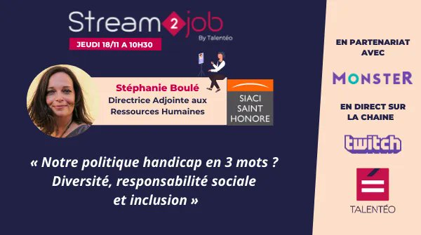 agence_talenteo's tweet photo. #Stream2Job : Stéphanie Boulé sera en direct lors de notre live emploi pour parler de la politique #handicap de @SiaciStHonore et de leurs offres d’#emploi ! RDV jeudi prochain à 10h30 sur la chaine Twitch de @Talenteo ! 🎤
📝 Inscrivez-vous ici : https://t.co/BAIQeugIEj https://t.co/Z5MeNHHwUn