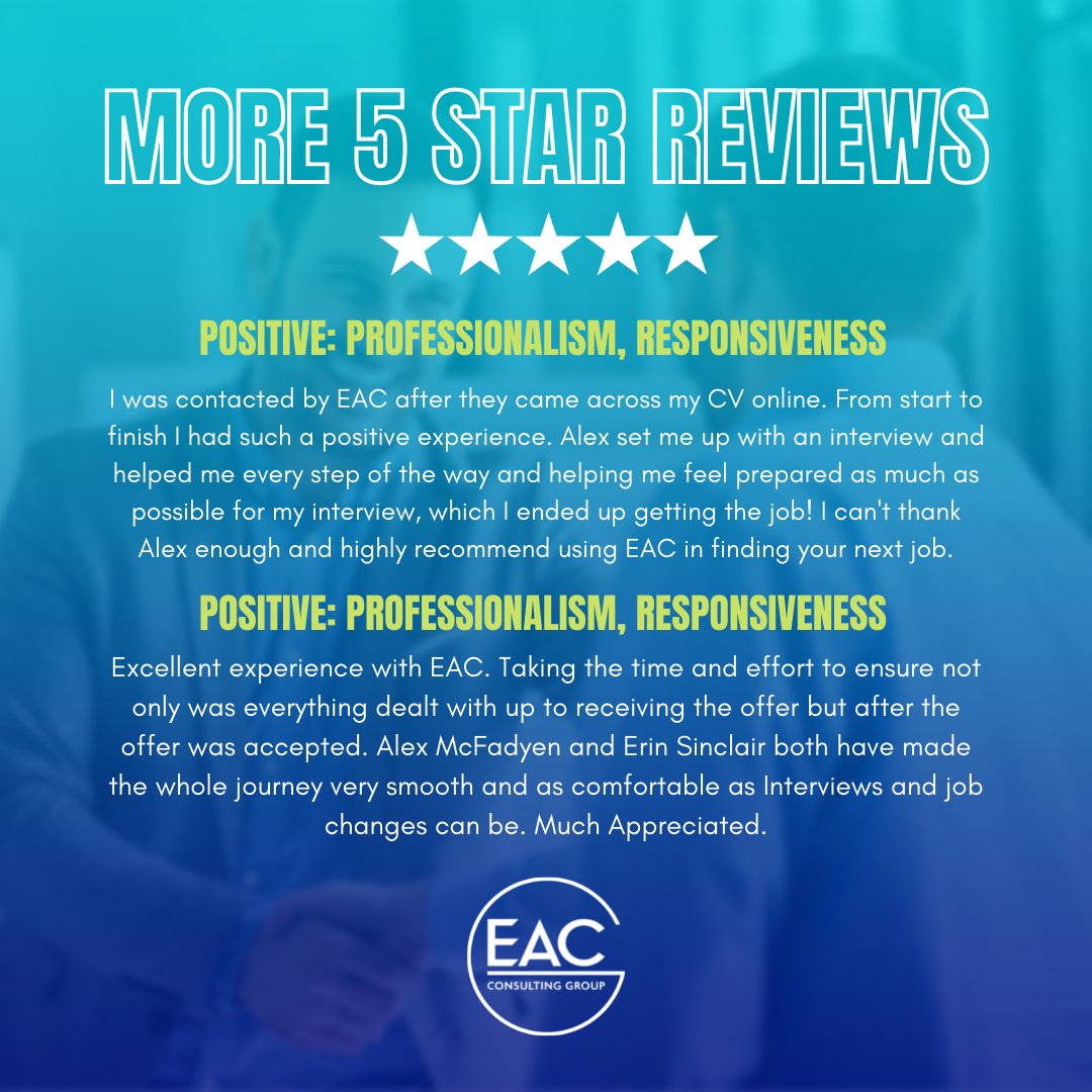 eac_group's tweet photo. EAC are hugely proud to have received two more excellent reviews! 🏆🏆

With in excess of 150 Google Reviews at an average 4.9 star rating, we believe it is reviews like these that show why we are Milton Keynes' number 1 Recruiter 🎯

#recruitment #consultant #miltonkeynes #eac https://t.co/iFBz5Ncj9E