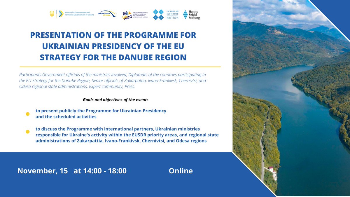 On Nov 15th, the 🇺🇦Presidency of EUSDR will present its programme, including its main priorities: ▶️Sustainable Development of the Danube Region
▶️Development of human capital &amp; labour markets.
Watch the live event here: youtube.com/channel/UCN6Zj…
<a href="/UA_EUSDR/">UAPresidency_EUSDR</a> <a href="/minregion_ua/">Мінрегіон України</a> #EUSDR10