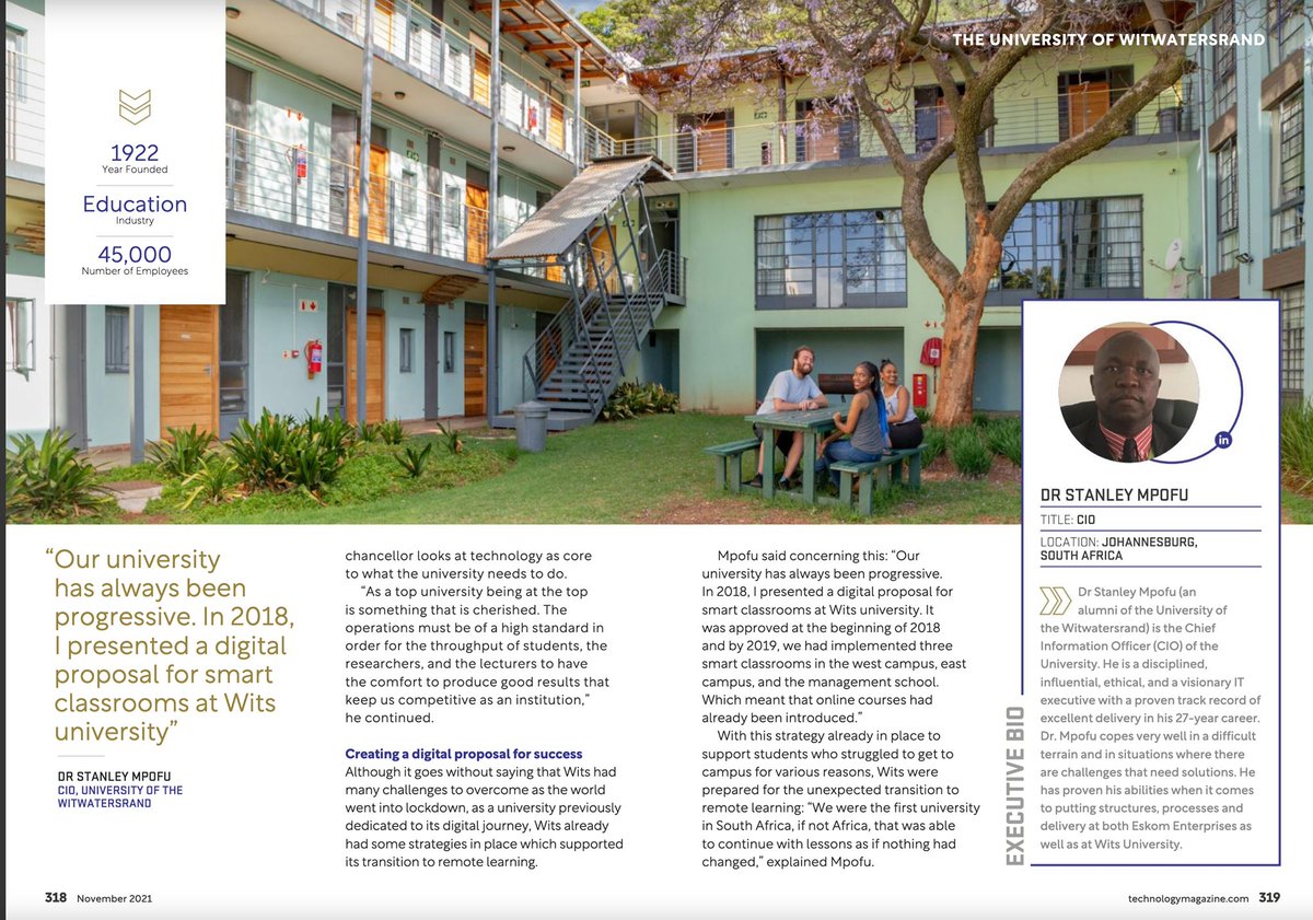 Wits University has been featured in the November issue of Technology Magazine. In this exclusive interview, Stanley Mpofu discussed the university’s digital journey and how it overcame challenges brought upon by the pandemic. Full magazine: technologymagazine.com/magazine-read/…