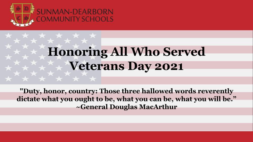 S_DCSC's tweet image. Today, the students and staff at Sunman-Dearborn Community Schools pause to reflect on the service and sacrifice our veterans have given to our country.  We thank you. ❤🙏