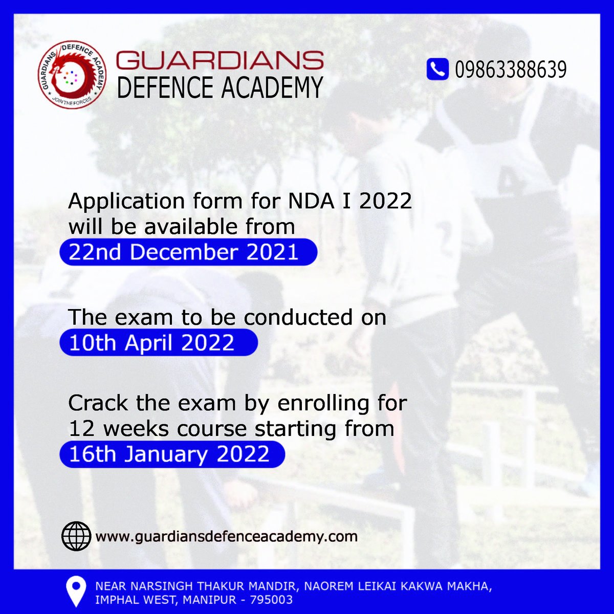 GuardiansImphal's tweet photo. Mark the dates
See you in class
To Register visit https://t.co/rrHTKtBjeh
Call 9863388639
#JoinTheForces #GDAtoNDA #GuardiansDefenceAcademy #NationalDefenceAcademy #Army #Navy #AirForce #Coaching #Guidance #Academy #Learning #SSBinterview #NDA #imphal #northeast #cds #NationFirst https://t.co/xgldJUPfKF