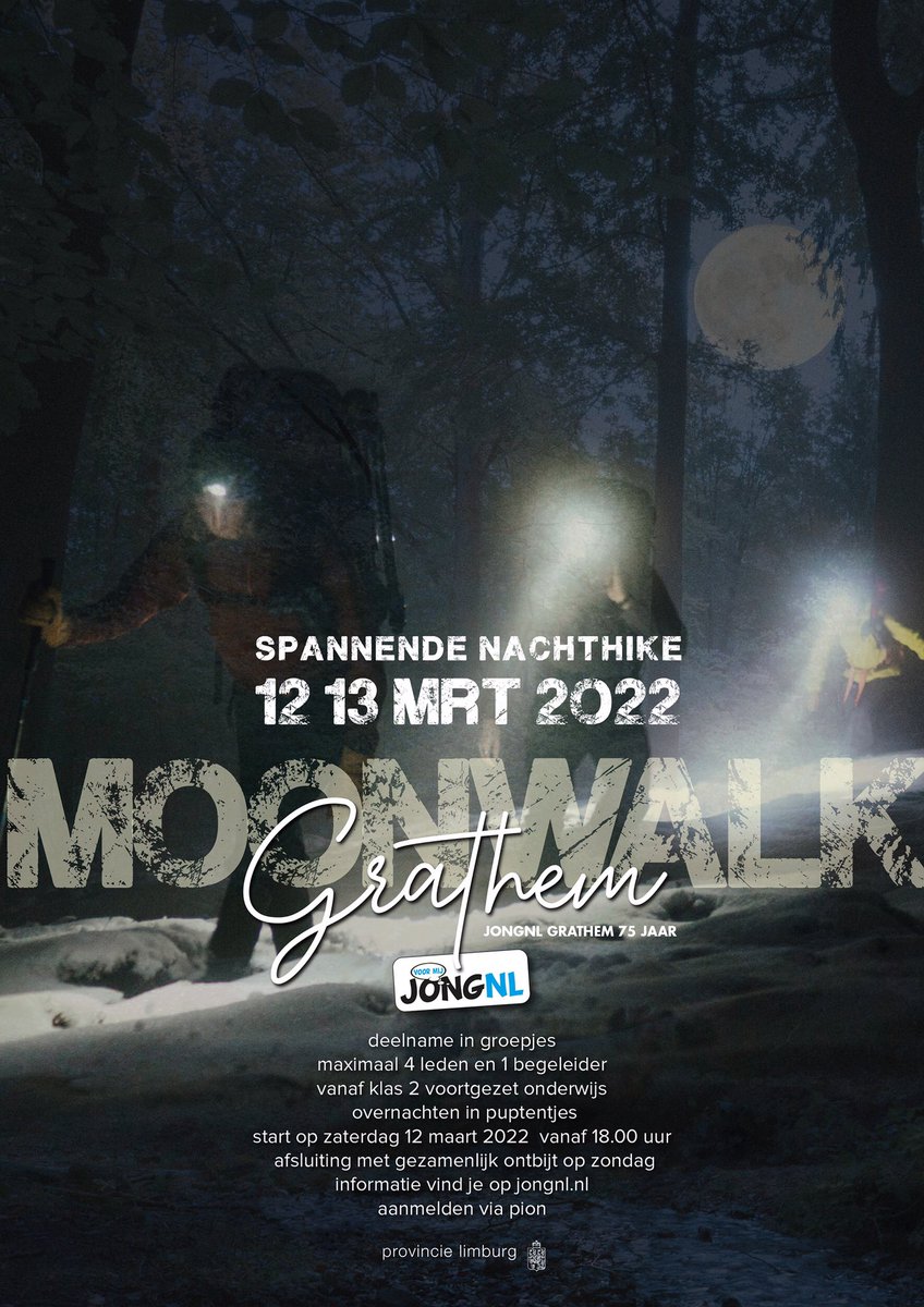 Meld je 𝗡𝗨 𝗔𝗟 aan voor de Moonwalk 2022 in Grathem.
In de nacht van 12 op 13 maart zal in en om Grathem een hike gelopen worden van zo'n 20km, met tal van vette opdrachten. Iets wat je met je seniorengroep niet wilt missen!
Info op onze site, aanmelden via PION.#moonwalk