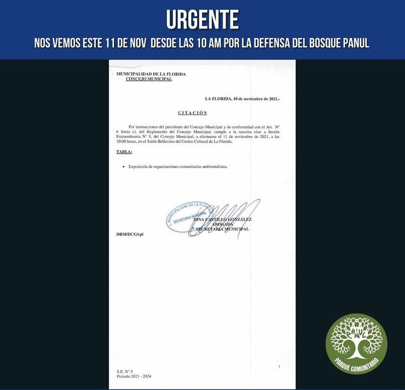 Urgente 📣🚨 nos confirman citación a exponer en el consejo municipal este 11 de noviembre a las 10:00 hrs  se hace un llamado a estar atento de lo que se dirá a todas las organizaciones y personas interesada en él proyección del Bosque  más info : instagram.com/p/CWHjwp8L5vM/…