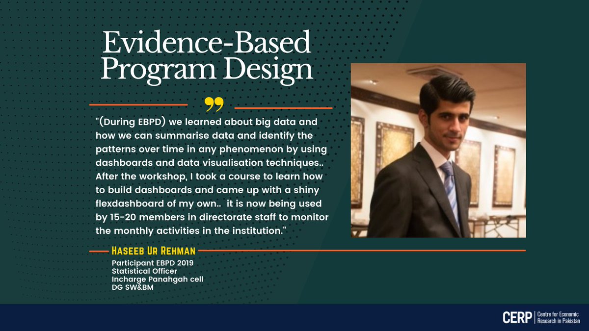 CERPakistan's tweet photo. Read about Haseeb ur Rehman's experience and see the impact our #EBPD2020 alumni are making.
CERP Executive Education's Evidence Based Program Design is set to take place from 29th November to 2nd December.
To register visit: https://t.co/FDr7aoo7ar
#EBPD2021 https://t.co/iIIPyYnhLd