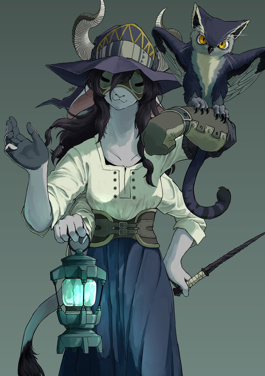 1girl owl lantern horns holding hat skirt  illustration images