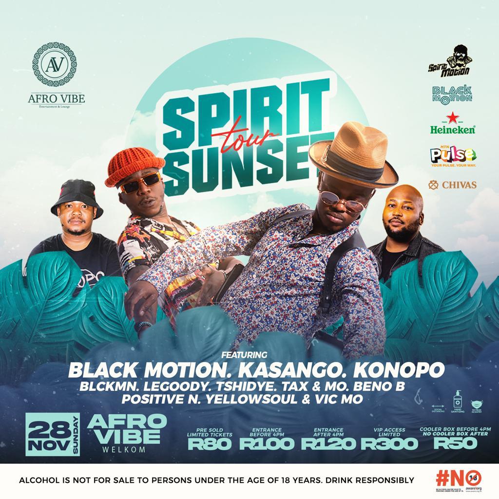 djkonopo's tweet photo. SPIRIT SUNSET TOUR WITH BLACK MOTION. KASANGO .KONOPO . LEGOODY 
EARLY BIRD TICKETS AVAILABLE NEXT WEEK AT AFROVIBE FOR R80 UNTIL 27 NOVEMBER 

R100 AT GATE UNTIL 4PM 
R120 AFTER 4PM 
COOLEBOX R50 ( Spirits will be charged per bottle R100 ) UNTILL 4PM 
COOLEBOX NOT ALLOWED AFTER https://t.co/GBhTjVEWiR
