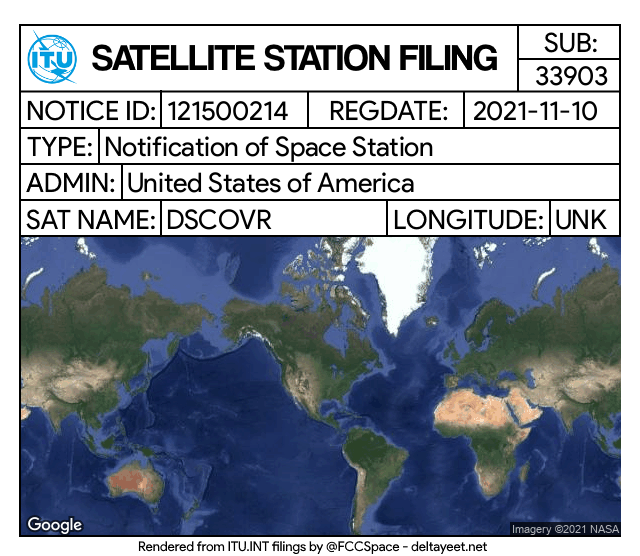 FccSpace's tweet photo. The ITU has received a Satellite Network filing for 'DSCOVR' (USA) 
https://t.co/LfNU5TJloa https://t.co/AiDtmuUwdW
