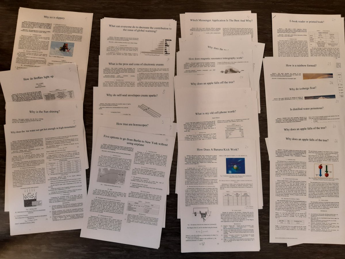 MMagdowski's tweet photo. In unserem #NonTechnicalProjectSeminar zum wissenschaftlichen Schreiben haben die Studierenden jetzt ihre einseitigen Paper zu Themen wie "How does a banana kick work?" eingereicht, die ich jetzt für einen doppelblinden anonymen #PeerReview zuordne. https://t.co/nhxFrLKJAa