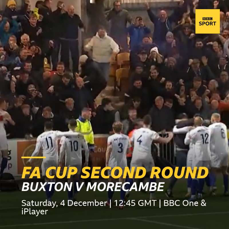 BBCSport's tweet photo. 📅 4 December
🏆 FA Cup second round
▪ @Buxton_FC v @ShrimpsOfficial 
▪ @YTFC v @MKDonsFC or @StevenageFC 
📺💻📱 LIVE across the BBC.

Coverage details 👇 #bbcfacup