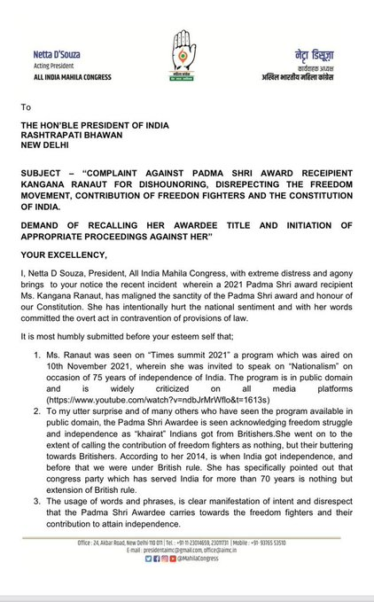 MahilaCongress's tweet photo. Mahila Congress Prez, Ms @dnetta  writes to Hon’ble @rashtrapatibhvn ji seeking appropriate action against Ms #KanganaRanaut who has insulted our freedom fighters,disrespected our Constitution &amp; mocked our National Movement

We demand her Padma Shri award be immediately recalled. https://t.co/xCeQGJ8X4Z