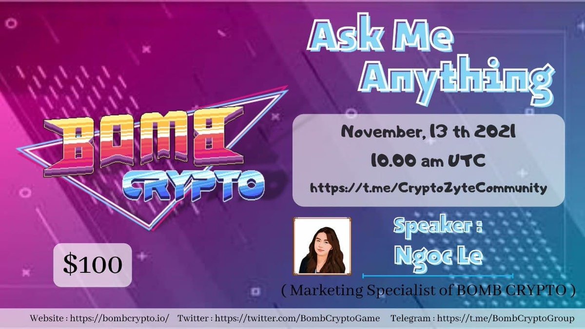 🔊 Joint AMA announcement Bomb Crypto. 

🏢Venue : t.me/CryptoZyteComm…
📅Date : On November 13th 
⏱️Time : 10.00 AM UTC 

📜Rules: 
1. Follow Twitter 
<a href="/BombCryptoGame/">Bomb Crypto (BCOIN)</a>
 and 
<a href="/CryptoZyte_News/">Crypto Zyte</a>
 
2. Like , Retweet , &amp; Tag 3 friends