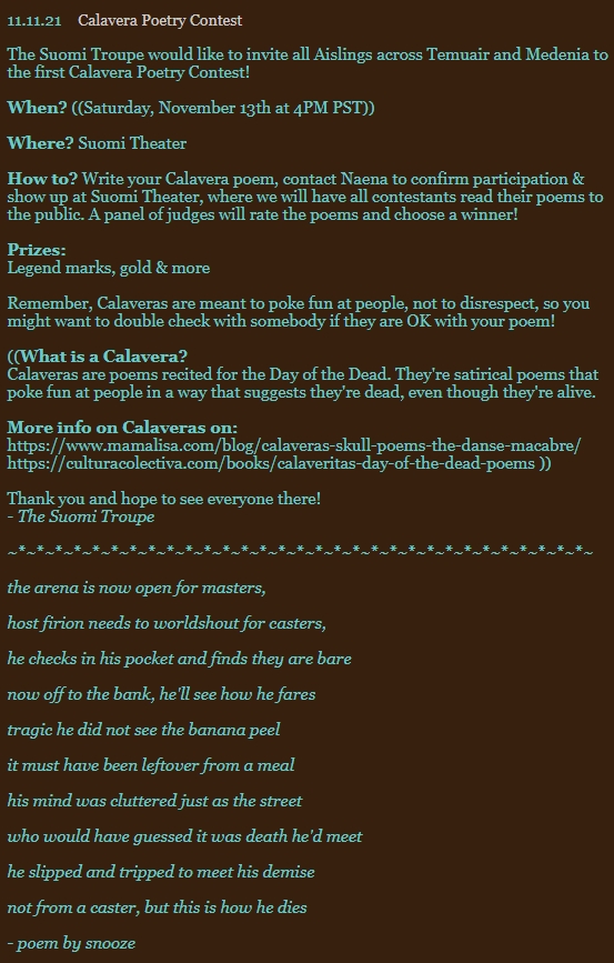 DarkAgesMMORPG's tweet photo. Suomi Troupe Presents: Calavera Poetry Contest

https://t.co/AM6IgNvSKV

#MMORPG #mmo #darkages #gamedev #gamercommunity #updates #rpg #devlife #indiedev #pixelgame #retrogame #events #pvp #RPG #SuomiTroupe #poetry #poetrylovers https://t.co/vd6YAaPkp0