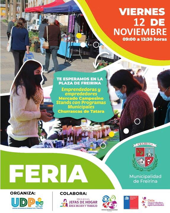 UdpFreirina's tweet photo. Este #viernes 12/11 tendremos nuestra #feria de emprendedores/as locales junto con el Mercado Campesino en #Freirina 🌿🌻🍇🧥👟🧸🎀 Además, contaremos con un stand d "pinta caritas" para los/as niños/as x parte del Jardín Infantil Campanita #FeriaLocal #ComercioLocal #CompraLocal https://t.co/BuOYMgnpM8