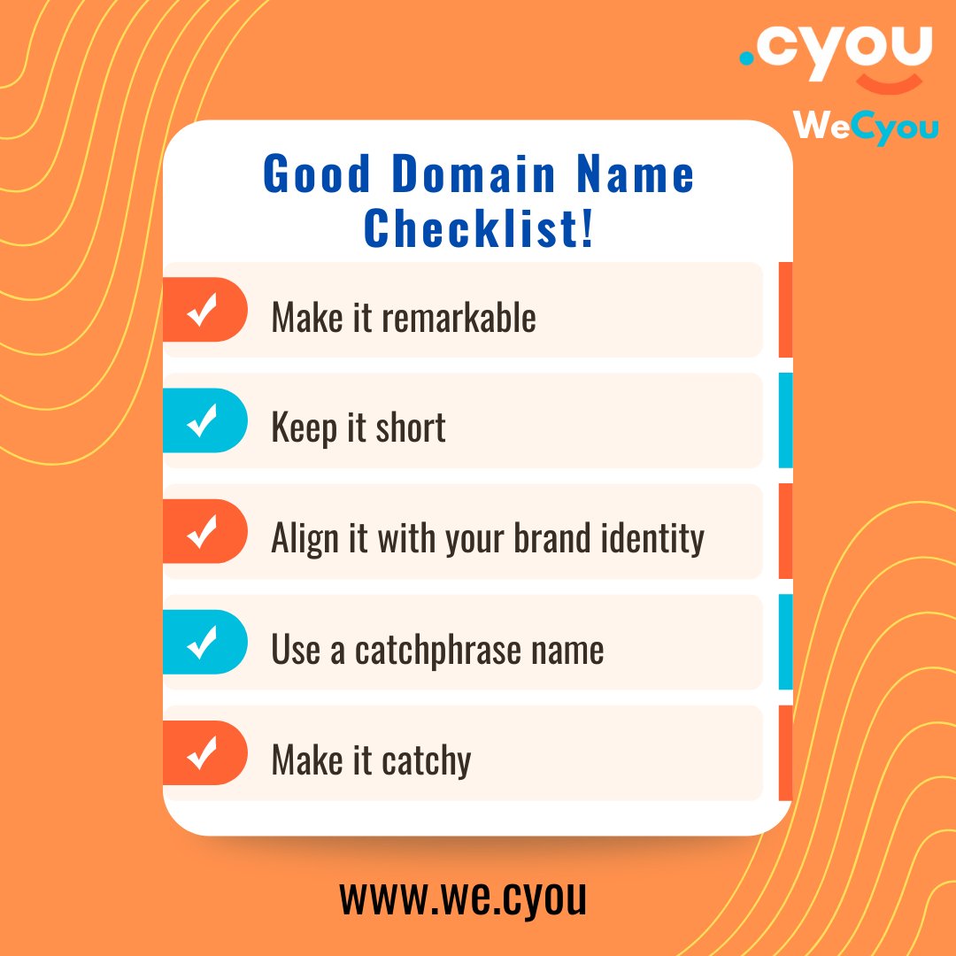 dotcyou's tweet photo. Choosing a domain name for your new website? Keep these points in mind!
Visit https://t.co/BTZBYla4Qj to register a smart and uber-cool .cyou domain name!
#WeCyou
#domainnamechecklist #domainname #domainsforsale #domainextensions #domains #onlinepresence #website #dotcyou https://t.co/nHPu9ydyIE