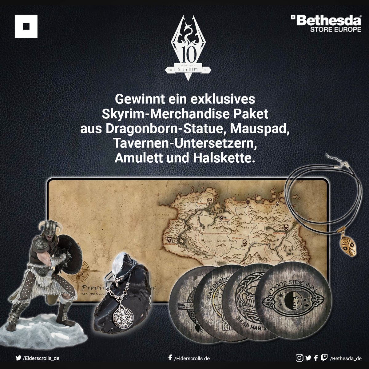 Sichert eure Chance, ein tolles #Skyrim10 Merchandize-Paket von @BethesdaStoreEU zu gewinnen! Folgt uns und retweetet diesen Beitrag.

Pssst, im Jubiläumsstream am Samstag ab 15 Uhr auf twitch.tv/bethesda_de gibt es eine weitere Chance!