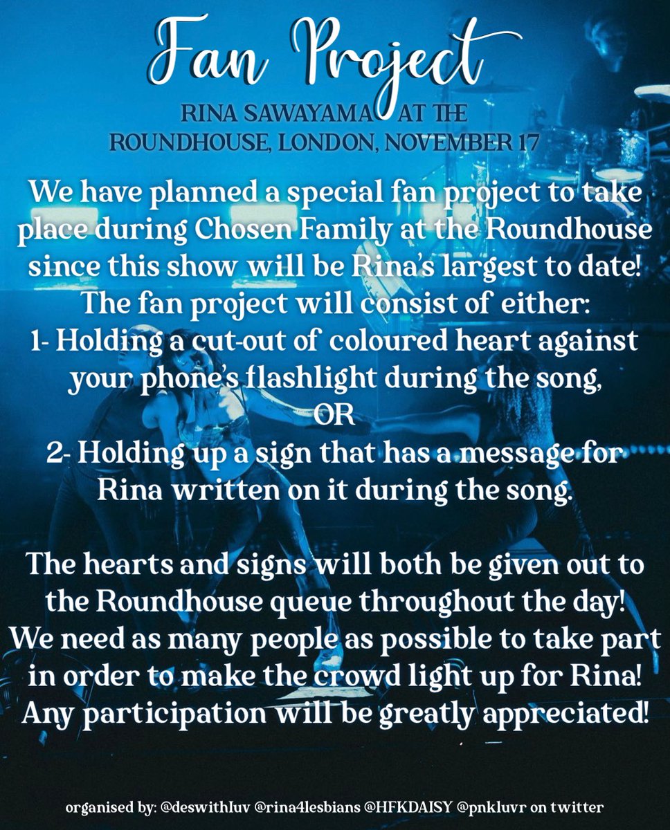 SAWAYAMAcharts's tweet photo. 🦋⛓ FAN PROJECT FOR THE LONDON ROUNDHOUSE SHOW - RINA SAWAYAMA NOVEMBER 17 ⛓🦋
If you’re attending this show please read the following information! If you know anyone who’s attending, we would appreciate it if you’d send them this tweet! 
RT TO SPREAD! https://t.co/Oo0HwvQtev