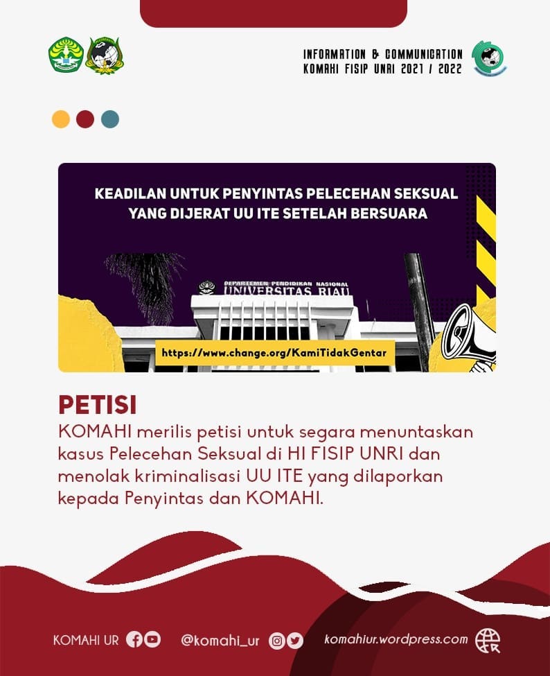 TxtdariHI's tweet photo. Kami meneruskan dari Instagram @KOMAHI_UR. Kamu bisa bantu Komahi UNRI untuk melindungi penyintas melalui petisi di bawah ini.
https://t.co/vvYtX7VQ32
#WeStandWithVictim https://t.co/NluBj7TpNR