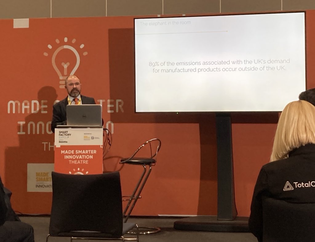 Lizarbe_Daniel's tweet photo. “89% of emissions associated with UK’s demand for manufactured products occur outside the UK.” Big issue when aiming for net zero emissions. @MadeSmarterUK #DigiMfgWk #MadeSmarter  #ClimateEmergency https://t.co/MDIzyLQWfF