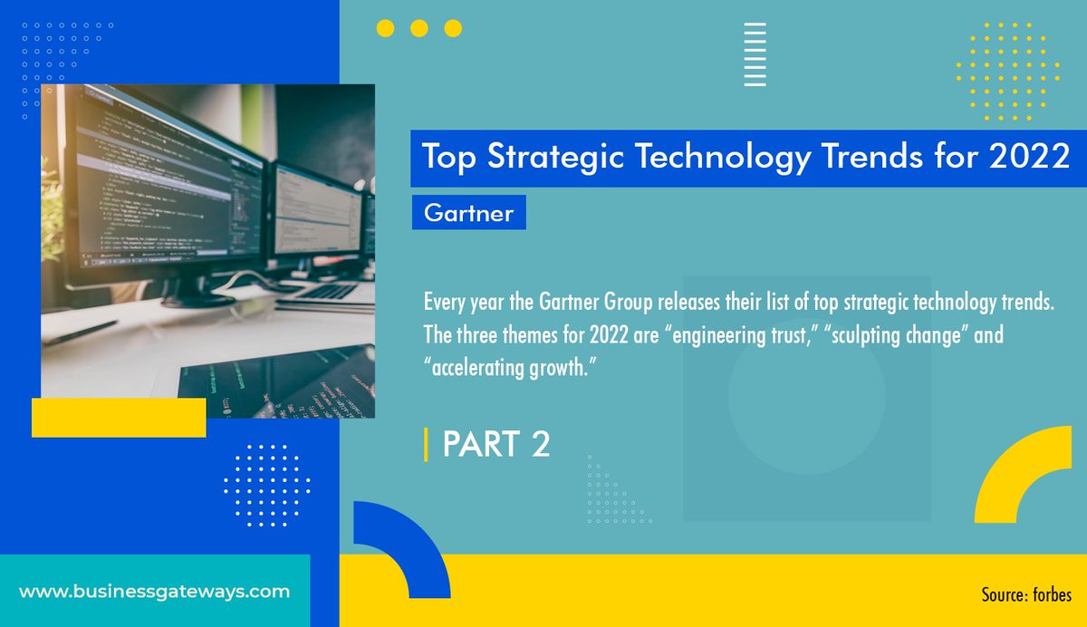 BGIinsights's tweet photo. Every year the Gartner Group releases their list of top strategic technology trends. The three themes for 2022 are “engineering trust,” “sculpting change” and “accelerating growth.”  

https://t.co/fgEaIbrQwb

#technology #trending #strategy #toptechnology #bgiinsights https://t.co/fcp40fsPVE