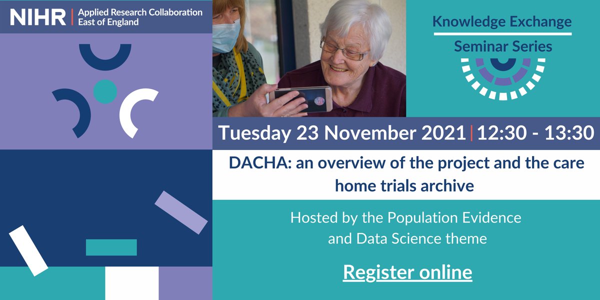 NIHR ARC East of England (@arc_eoe) on Twitter photo Researcher in the #EastofEngland? This webinar series brings together researchers interested in better use of health and care data.
🖥️Learn about the <a href="/DACHA_Study/">DACHA_Study</a> and the #carehome trials archive.
🗓️Tuesday 23 November
🕐 12.30-13.30
➡️Register here: bit.ly/30bCQQa Researcher in the #EastofEngland? This webinar series brings together researchers interested in better use of health and care data.
🖥️Learn about the <a href="/DACHA_Study/">DACHA_Study</a> and the #carehome trials archive.
🗓️Tuesday 23 November
🕐 12.30-13.30
➡️Register here: bit.ly/30bCQQa