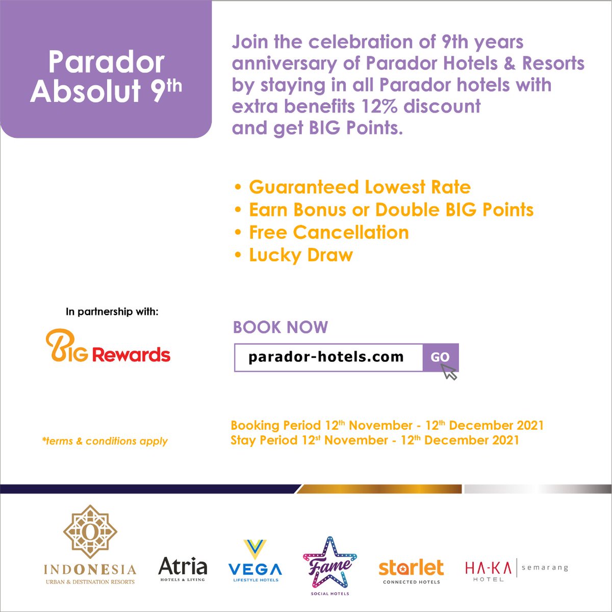 Let's join the celebration of 9 years anniversary of Parador Hotels &amp; Resorts by having a staycation with extra benefits 12% discount and get BIG Points 🎉

BOOK NOW❗
bit.ly/ParadorAbsolut…