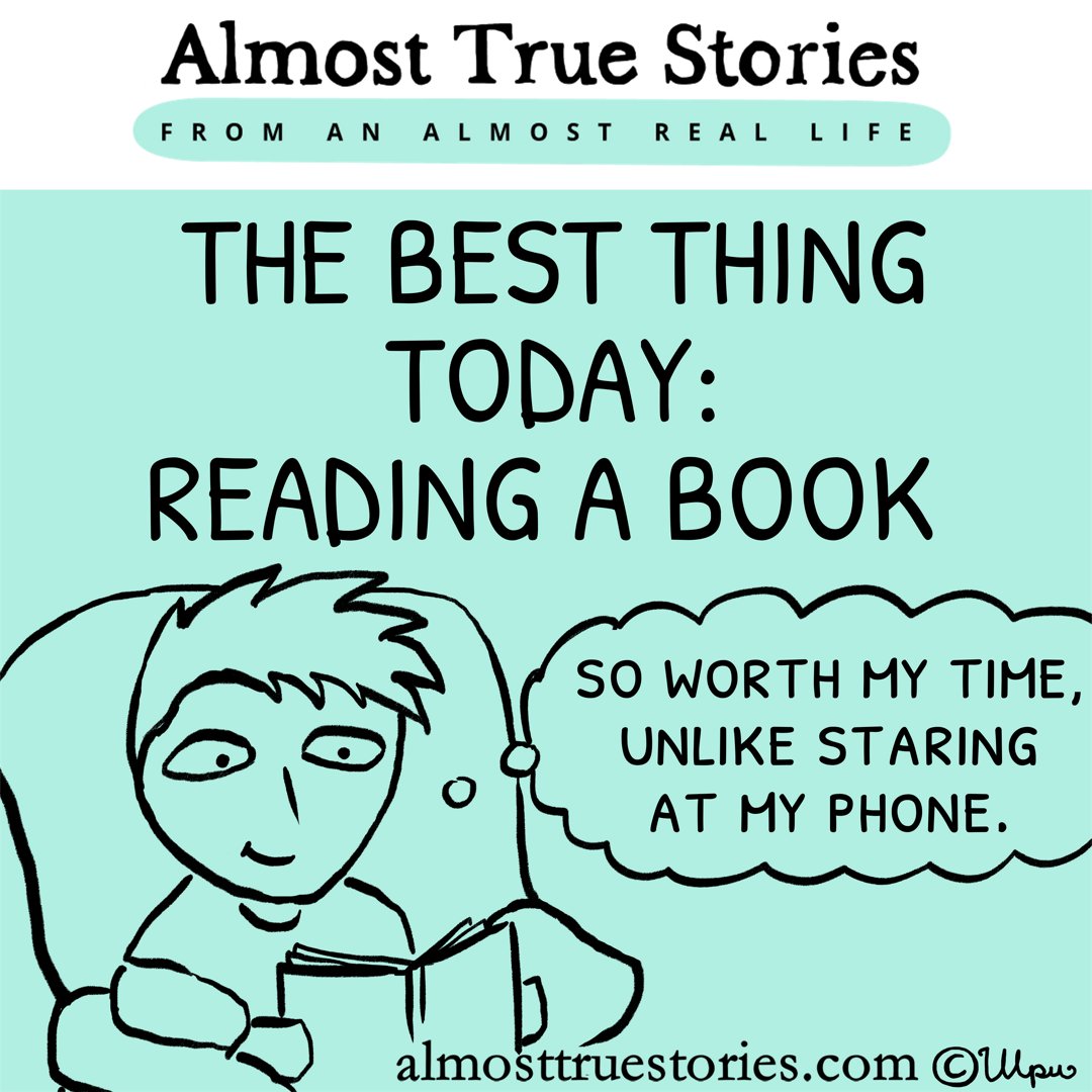 almosttruecomic's tweet photo. Screen time is ruining my ability to concentrate. And everyone else's too! Books to the rescue!😄
(Please share some tips/recommendations, what to read next?) #almosttruestories #books #comics https://t.co/i3jM1wvUIH