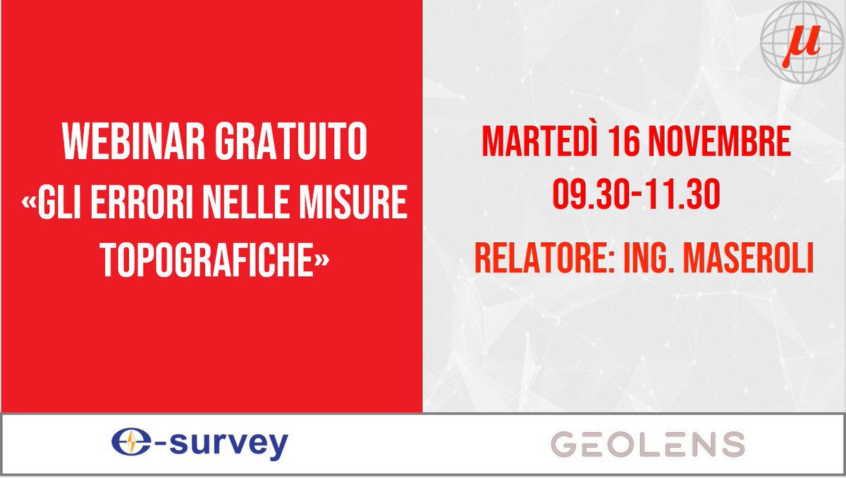 Microgeosrl's tweet photo. 🔴Mancano pochi giorni al primo webinar di Topografia con l'Ing. Maseroli🔴
📅Vi aspettiamo martedì 16 novembre: 09.30-11.30
👉Link diretto per l'iscrizione: https://t.co/egNAhTjuaX
#bedifferent #microgeo #esurvey #topografia #geolens https://t.co/61ow8C42vW