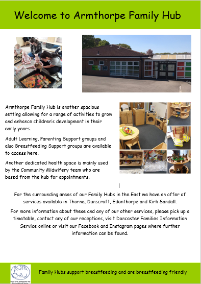 Welcome to East Locality Family Hubs, meet the teams and take a look around the hubs below.
#doncasterisgreat #DoncasterFamilyHubs #Earlyyears #StainforthFamilyHub #Armthorpefamilyhub #EastDoncaster