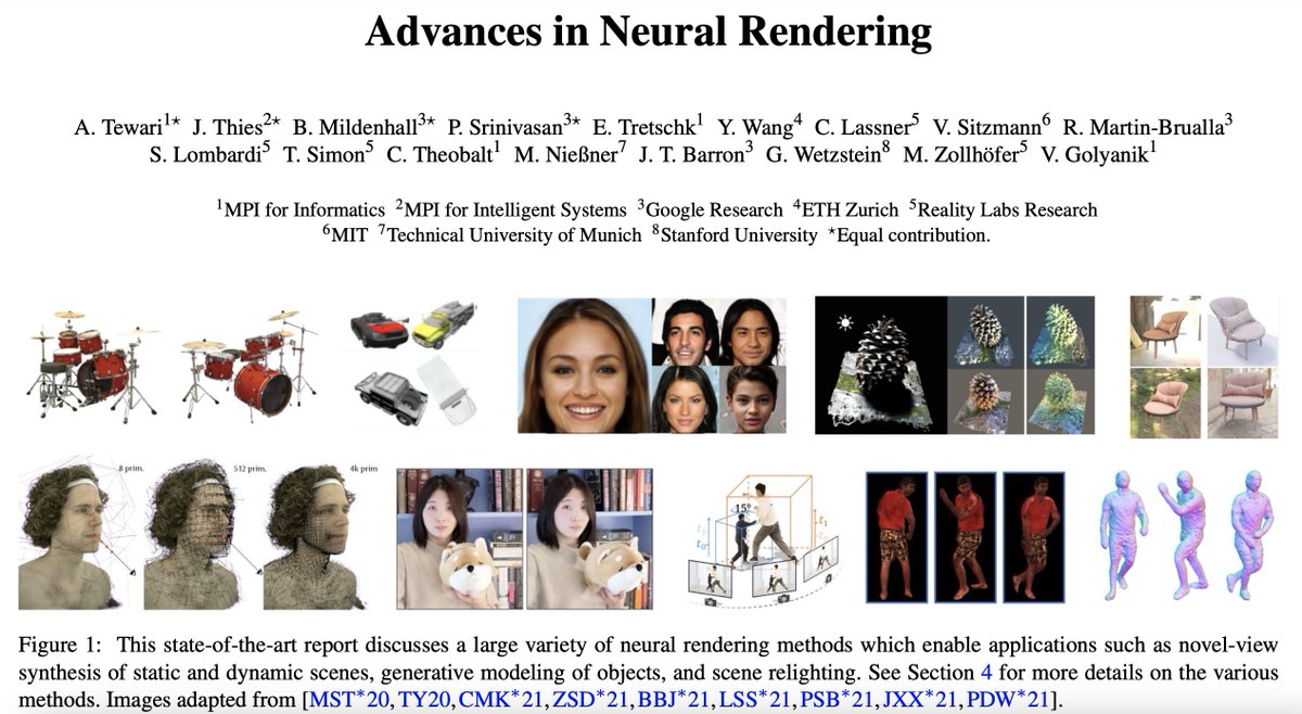 omarsar0's tweet image. One of the exciting topics in computer vision is neural rendering. It combines ideas from computer graphics and machine learning to create algorithms for synthesizing images from real-world observations. This survey paper reports the latest advances.

arxiv.org/abs/2111.05849