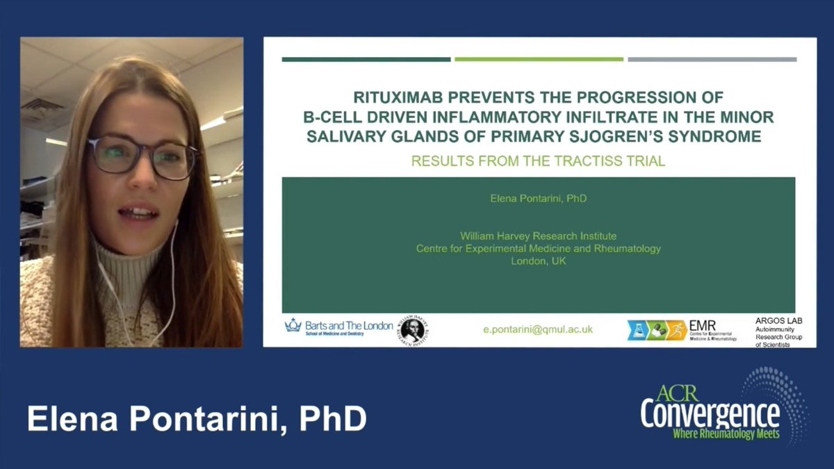 👏👏👏Wonderful presentation by our <a href="/EPontarini/">ELENA PONTARINI</a> at the #ACR2021 on the results from the TRACTISS trial! The first longitudinal analysis of salivary glands combining histology and Transcriptomic after Rituximab in Sjogren's syndrome!👩‍🔬👨‍🔬👨‍💻

<a href="/TheRealARGOsLab/">TheRealARGOsLab</a>
#SjögrensSyndrome