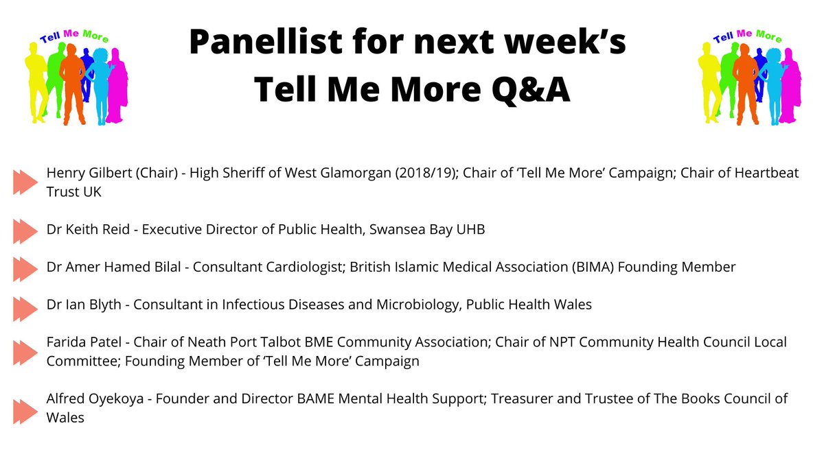 Panellist for next week’s Tell Me More Q&amp;A event have been confirmed below⬇️

This event is tailored for residents of Black Asian &amp; Minority Ethnic communities, but anyone is welcome to join the discussion. Register to attend by 5pm 15.11.21 at tellmemore.wales
