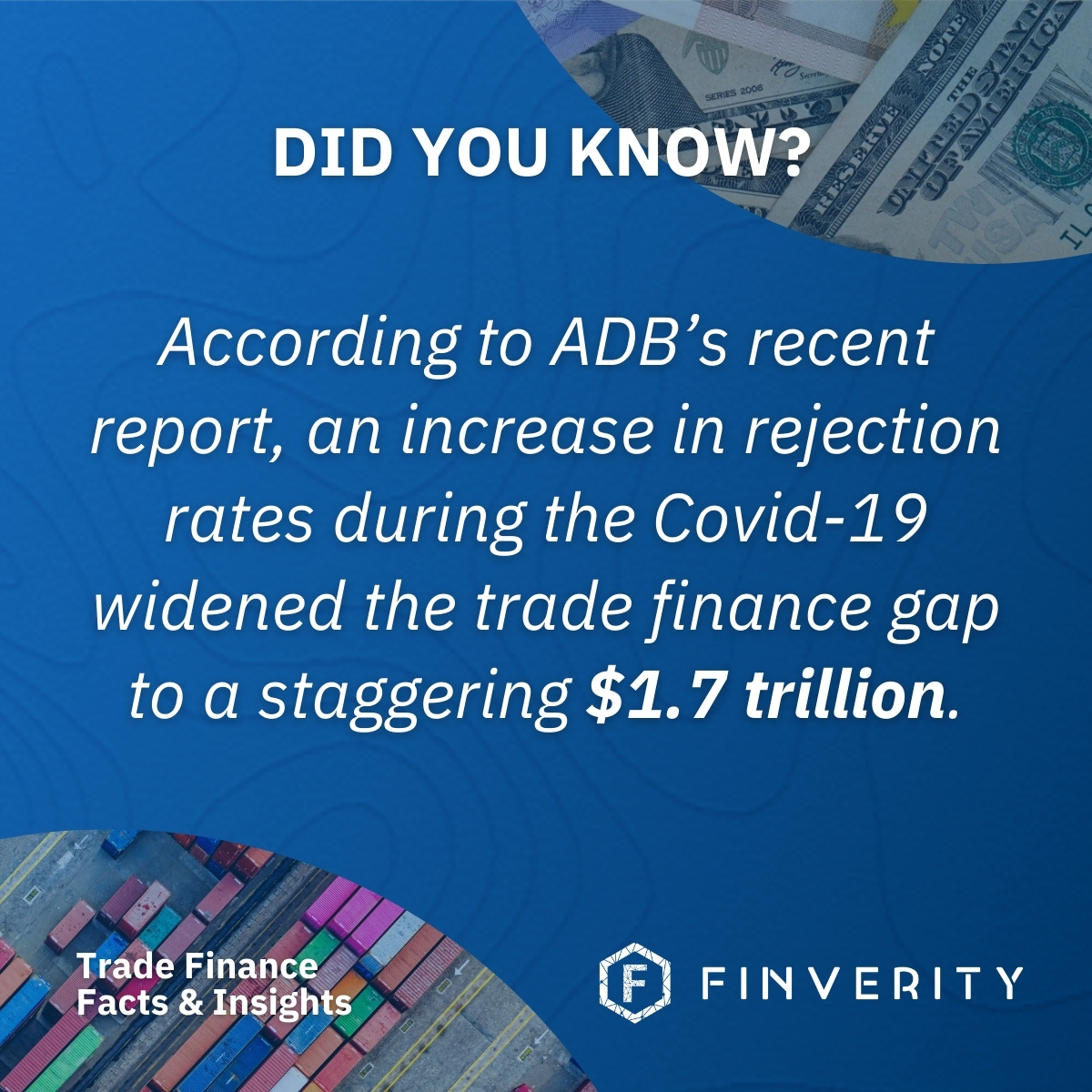finverity's tweet photo. Did you know that according to the recent Asian Development Bank survey, the Trade Finance Gap widened to a staggering $1.7 trillion in 2020? 

Find more at https://t.co/ThG9QV5hbZ https://t.co/q1LeZucymd