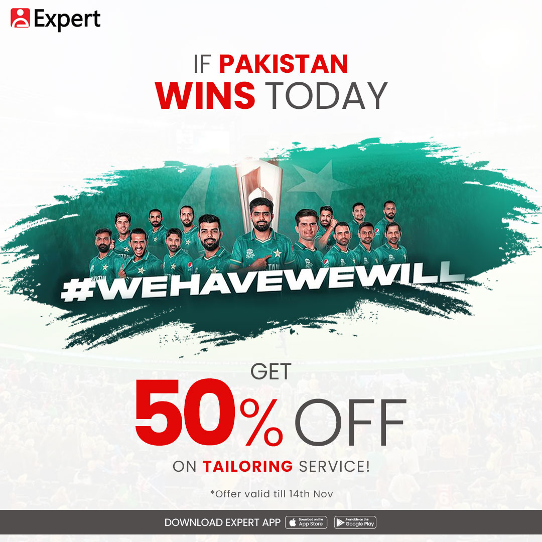expertpakistan's tweet photo. If Pakistan Wins today, Everyone who Comments on this Tweet will get 50% OFF on Expert's Tailoring Service! 
- Offer is valid till 14th of November. 

#ExpertApp #PakvsAus #SemiFinals #WeHaveWeWill https://t.co/Jv5WcIBUXN