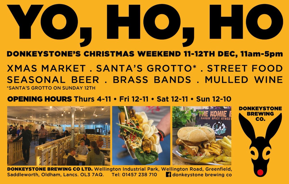 DSBreweryTap's tweet photo. Yo, Ho, Ho! The festive season is just around the corner, celebrate with Donkeystone at our Christmas Weekend on 11th &amp; 12th December! We’ll have Christmas markets, festive beers, a special Xmas menu from the Konie Boys, mulled wine and a visit from Santa himself! 🎉🎅🏻🍻🎄 https://t.co/TC9ldrN5jh
